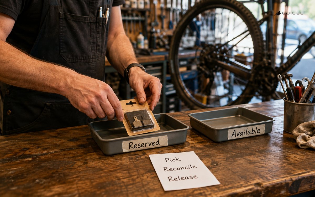 A mechanic moves a brake-pad pack into a reserved-parts tray.