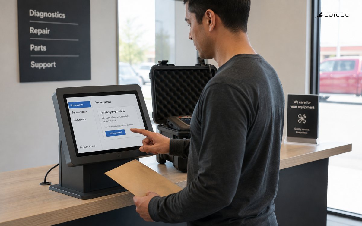 A customer checks a service request at a mounted portal kiosk in a repair reception.