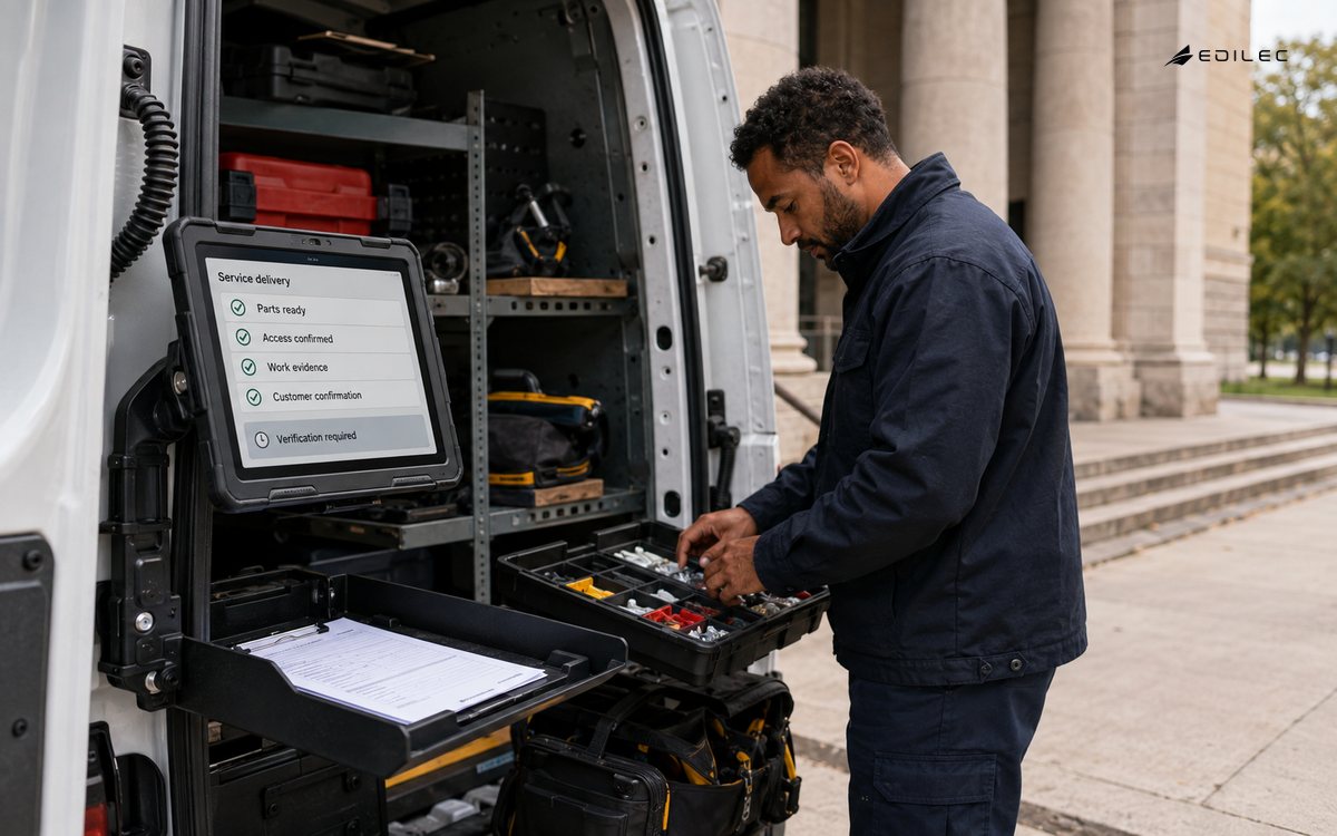 A field technician checks parts and access beside a docked service checklist before an installation.