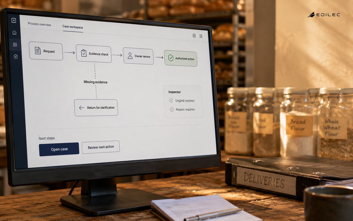 A purchasing automation canvas routes missing evidence back for clarification.