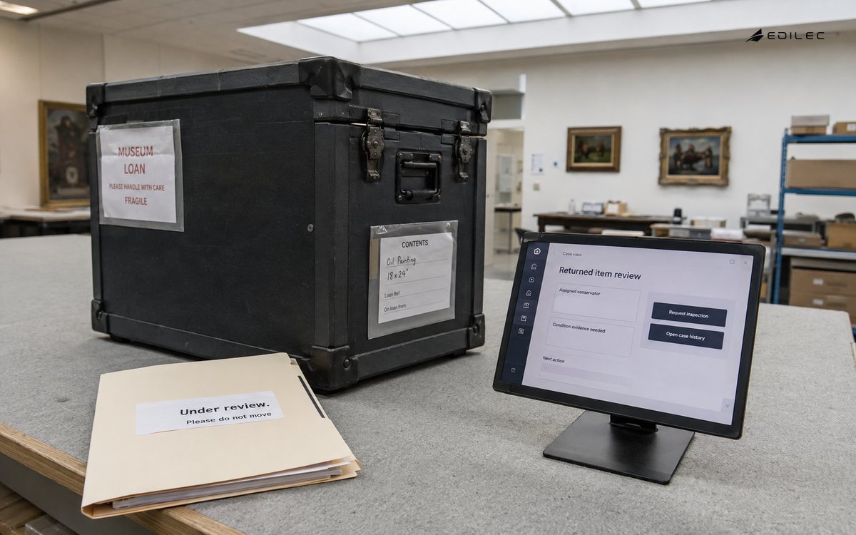 A museum receiving station keeps a returned item's condition review and case history together.