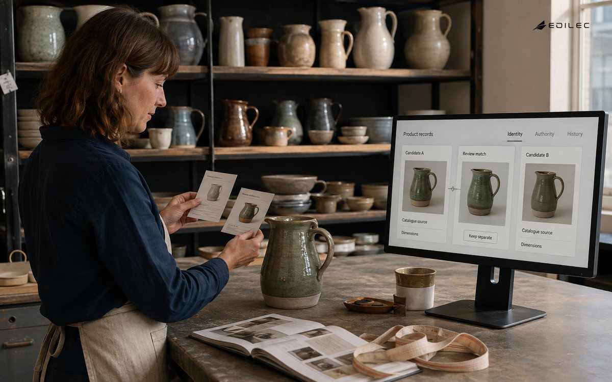 A catalogue steward compares product cards with a ceramic jug beside a master-data review display.