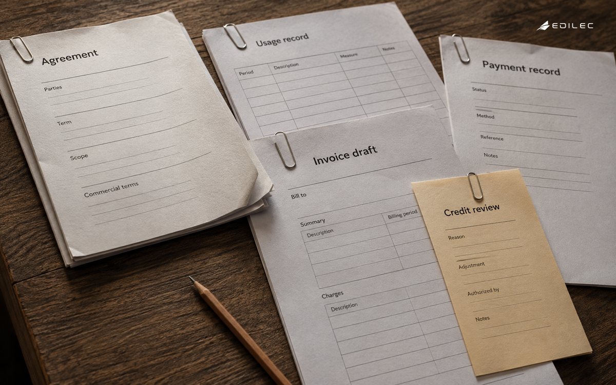 A billing packet links an agreement and usage record to an invoice draft, payment evidence and a credit review.