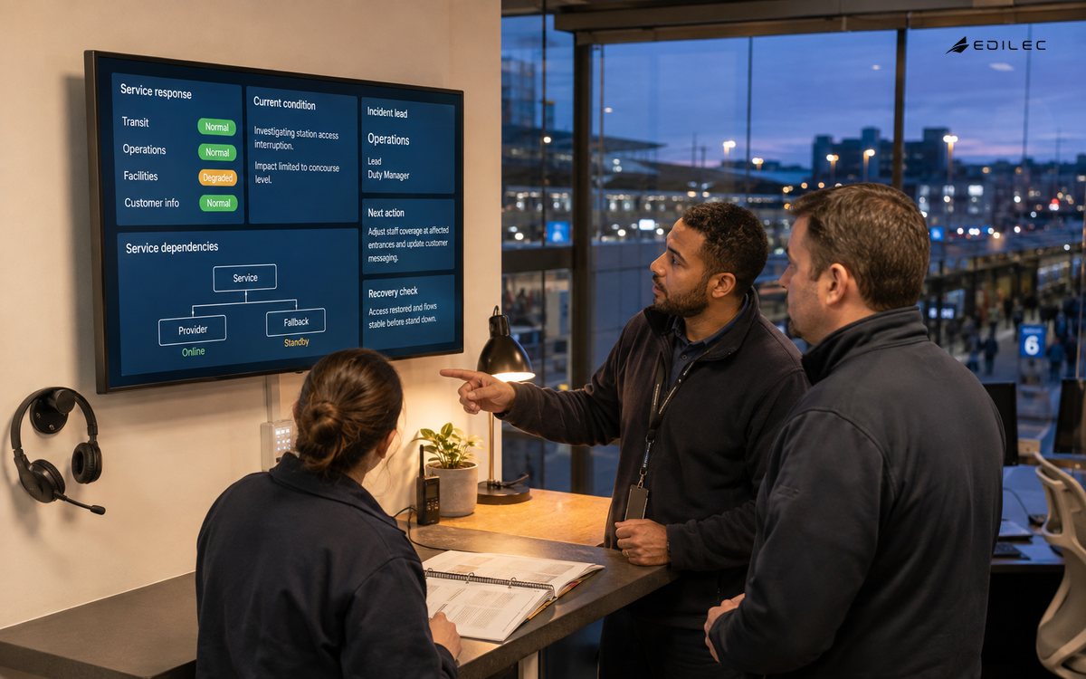 Operations staff review a service-response display and an open runbook during handover.