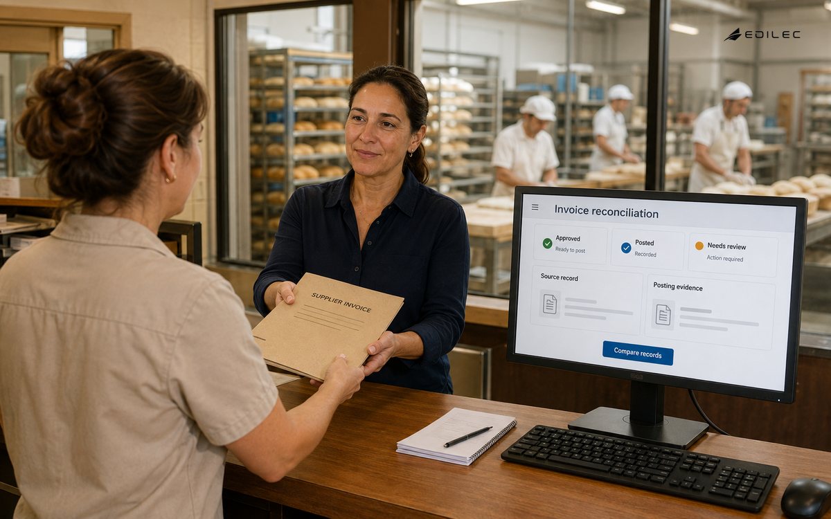 Staff exchange an invoice folder beside a reconciliation screen in a bakery office.