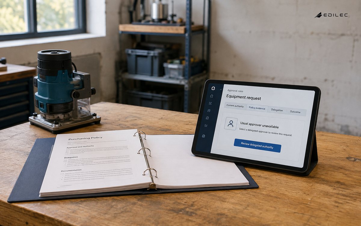 An equipment request awaits a review of delegated approval authority.