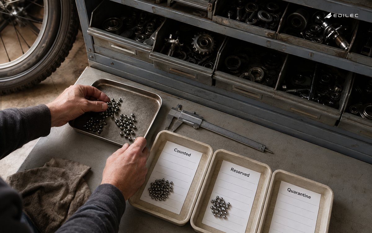 Bearing trays separate counted stock, reservations and quarantined parts.
