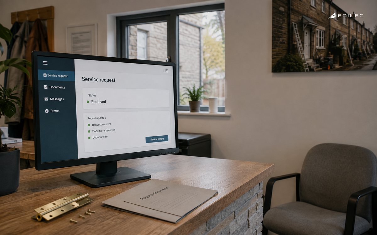 A repair-service portal organizes a request, its documents and status history.