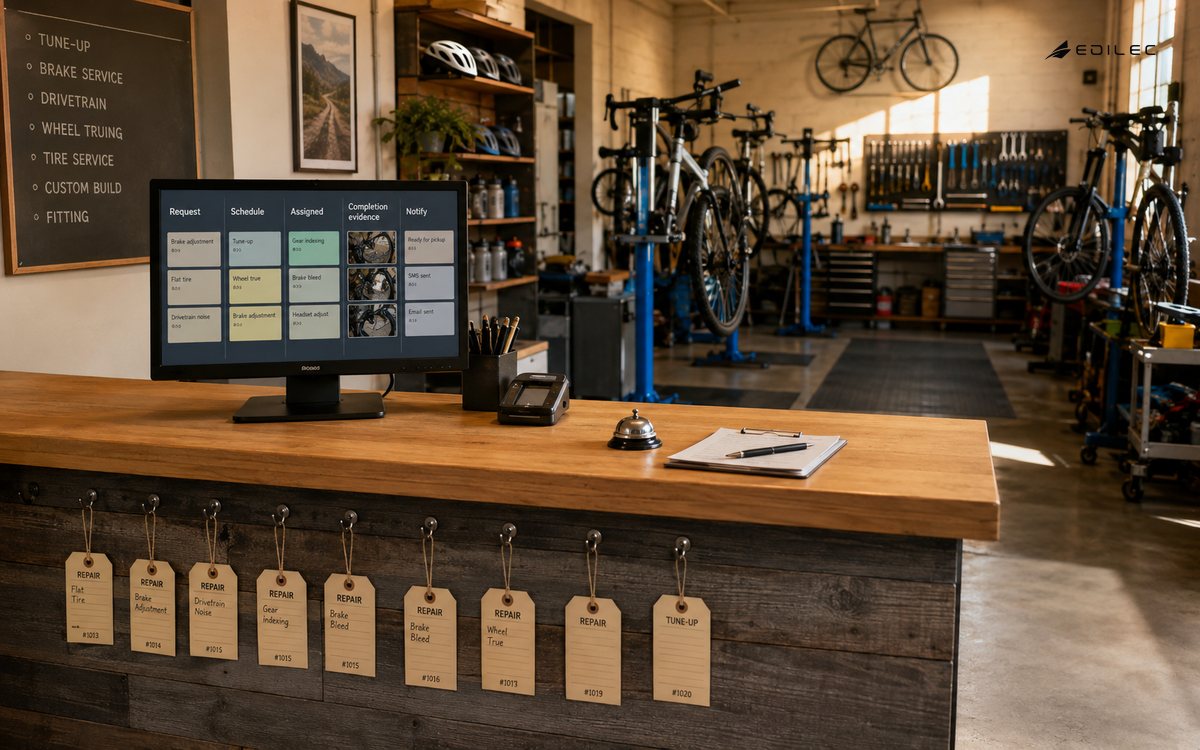 Wide photograph of a bicycle repair service reception before opening, hanging work tags and organized repair stands, a small real monitor on reception showing a service queue, no people. Low afternoon sunlight.