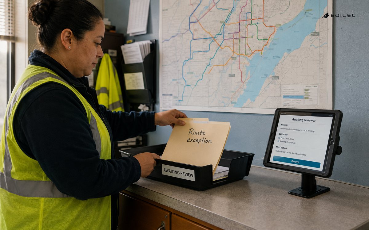 A transport dispatcher sends a route exception to a clearly identified review step.