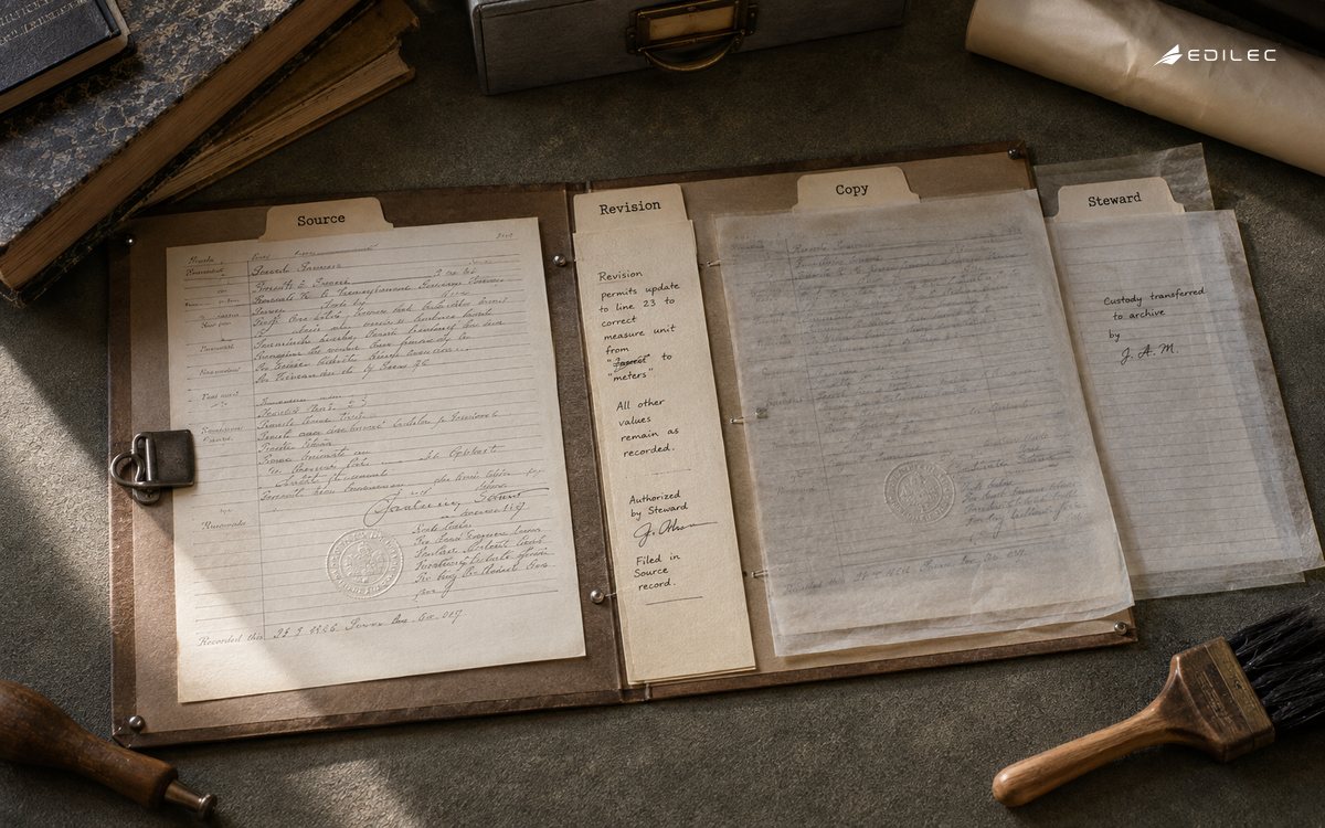 A source folder and linked revision slips illustrate authority over derived copies.