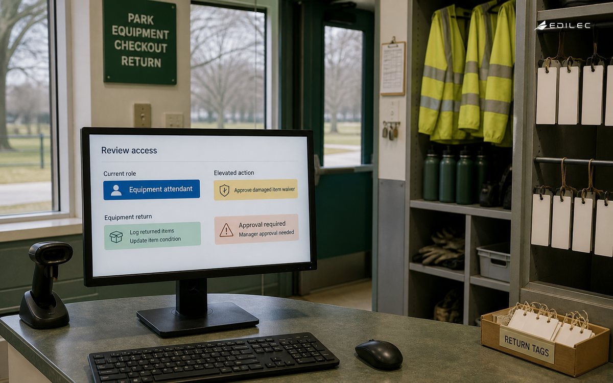 Medium-wide photograph in a municipal parks equipment checkout room.