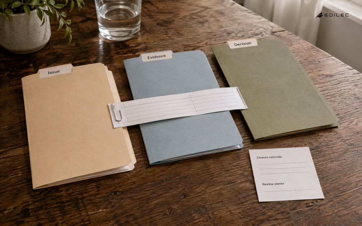 Case folders connect an issue to evidence, a decision and closure rationale.