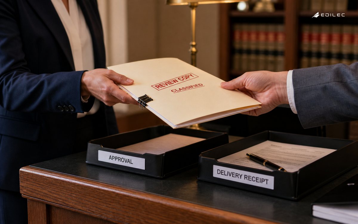 Waist-level editorial photograph of two standing colleagues hands passing a classified review folder across a legal office intake counter, paired receipt tray visible, faces outside frame.