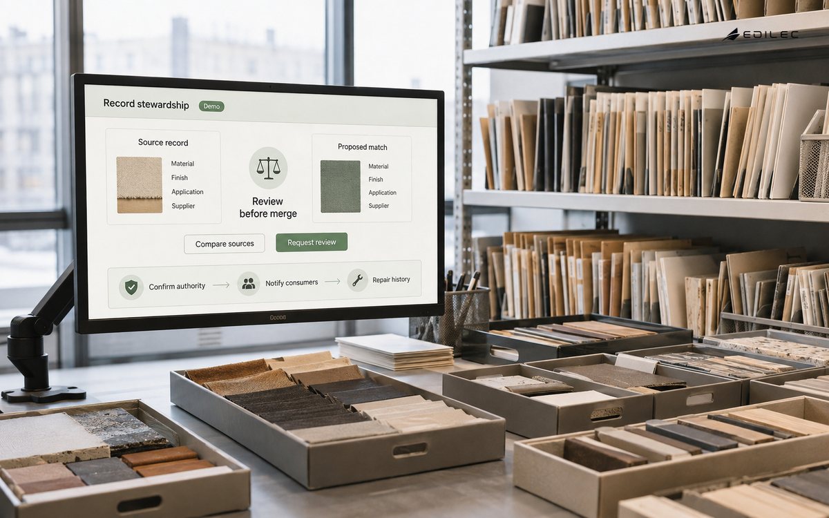 A cataloguing station pairs physical product samples with a record-matching review screen.