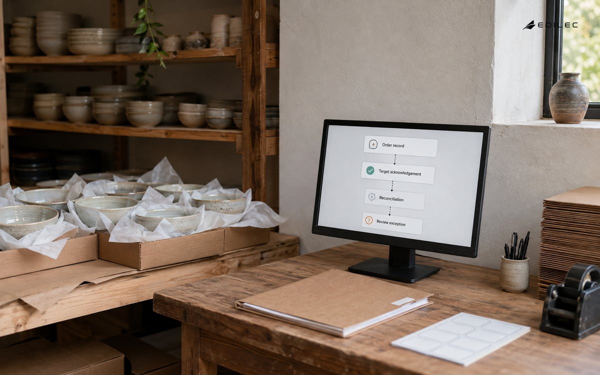 A ceramics dispatch alcove pairs an order folder with a reconciliation view.