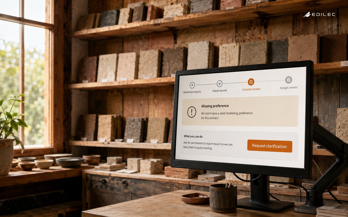 A ceramics workshop enquiry workflow pauses for a missing preference before owner assignment.