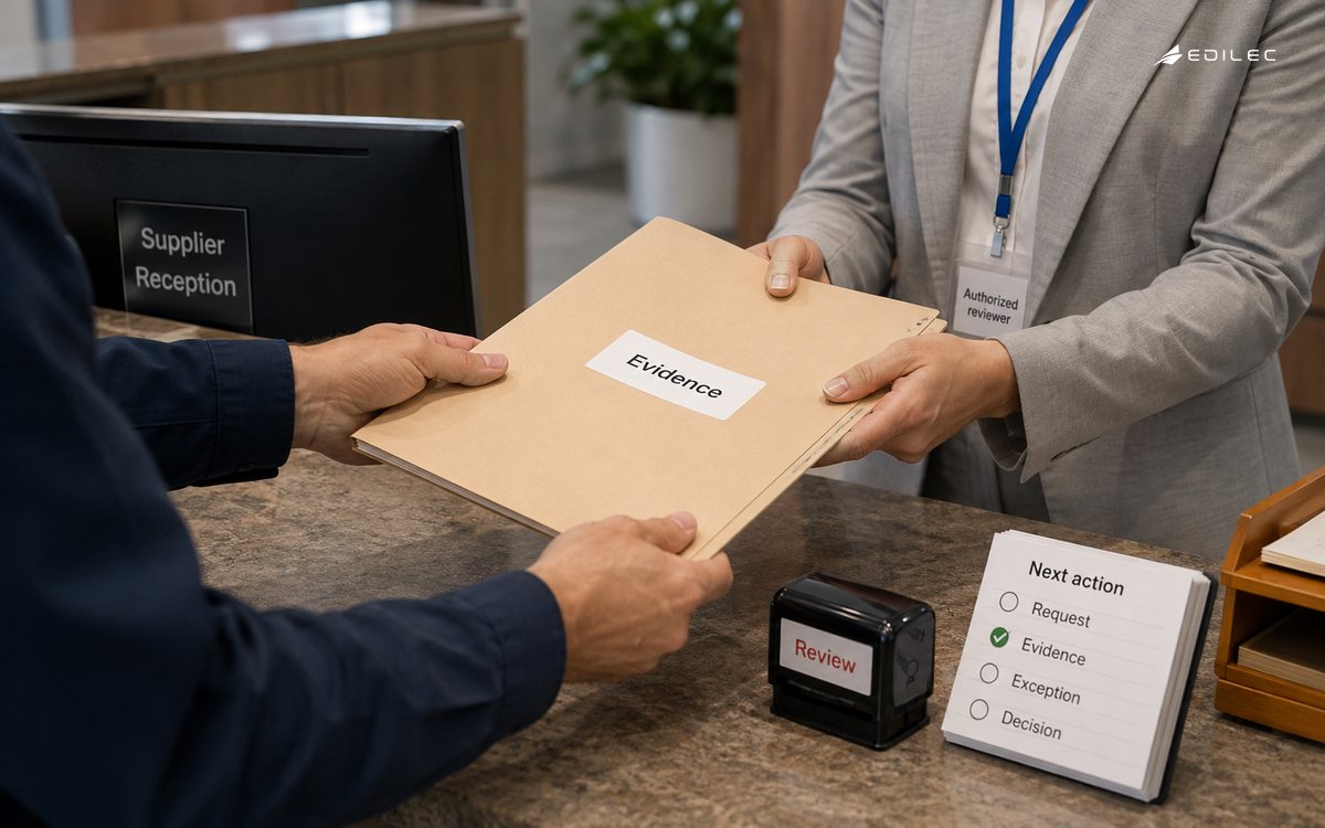 Medium candid photo of a standing procurement reviewer receiving a plain evidence folder across a supplier reception counter, hands in focus and faces outside frame.