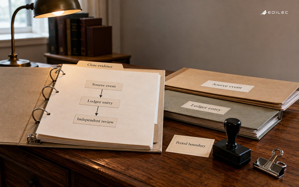 Source-event and ledger folders sit beside an independent-review sequence in a close-evidence binder.