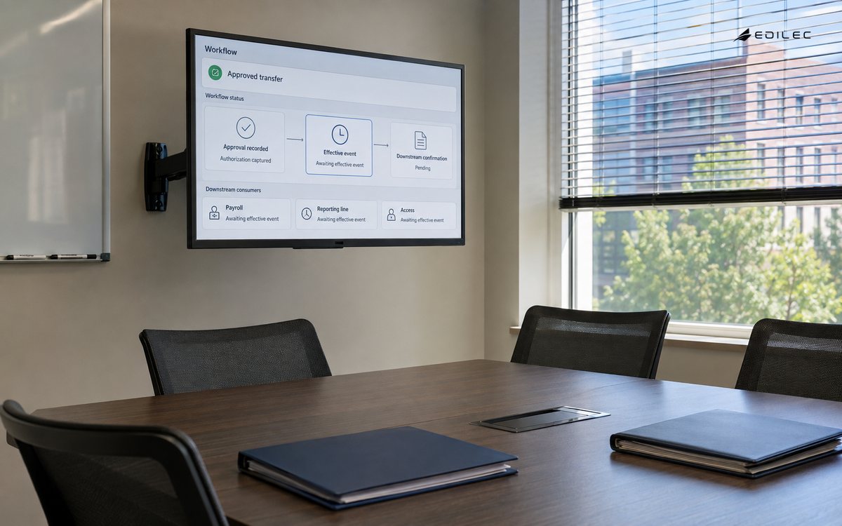 A staff-services room shows an approved transfer awaiting its effective event before downstream confirmation.