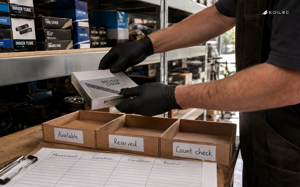 Hands move a replacement part to count review beside separate inventory-status trays.