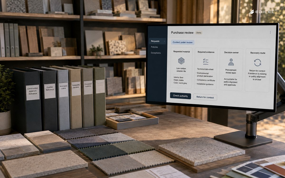 A materials library pairs physical samples with a procurement review showing evidence and decision ownership.