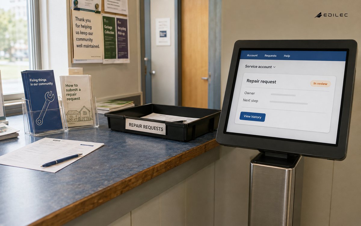 A service reception pairs a request tray with a portal showing account context and repair-request history.