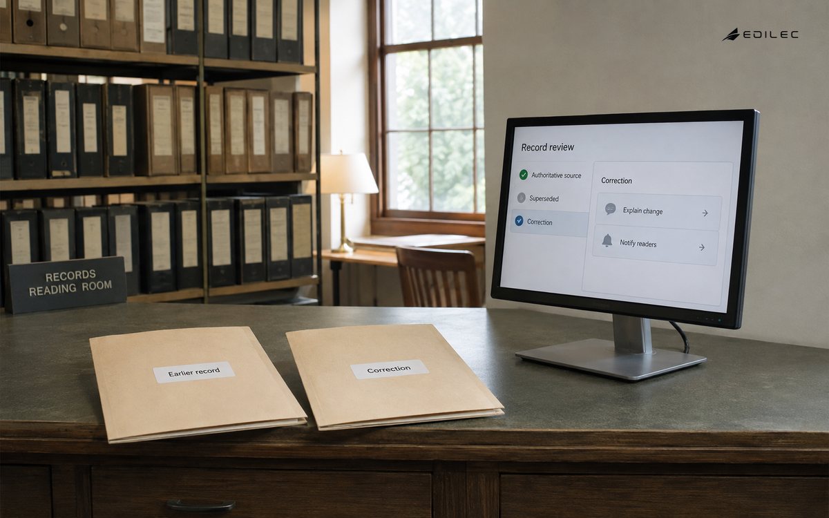 A records room keeps an earlier record and correction distinct beside a record review screen.