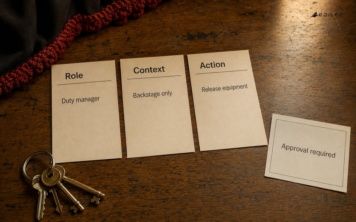Role, context and action cards frame an equipment permission review.