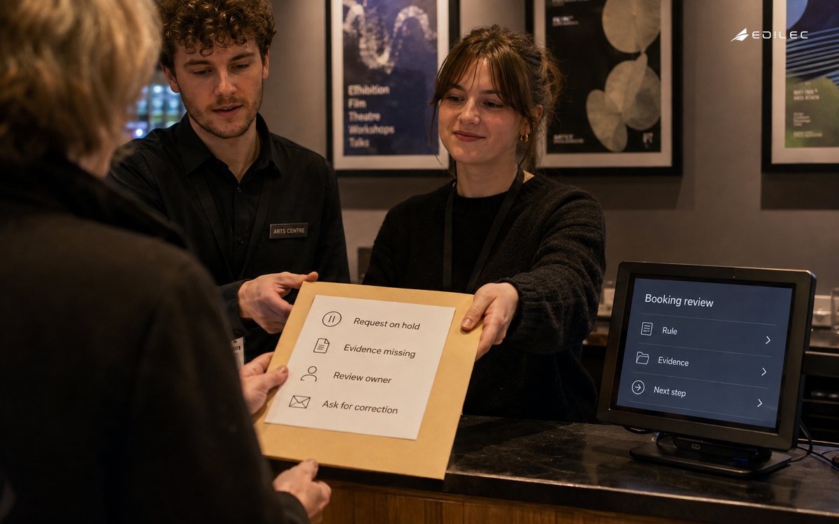 Standing staff hand off a booking request held for missing evidence and a clear correction step.
