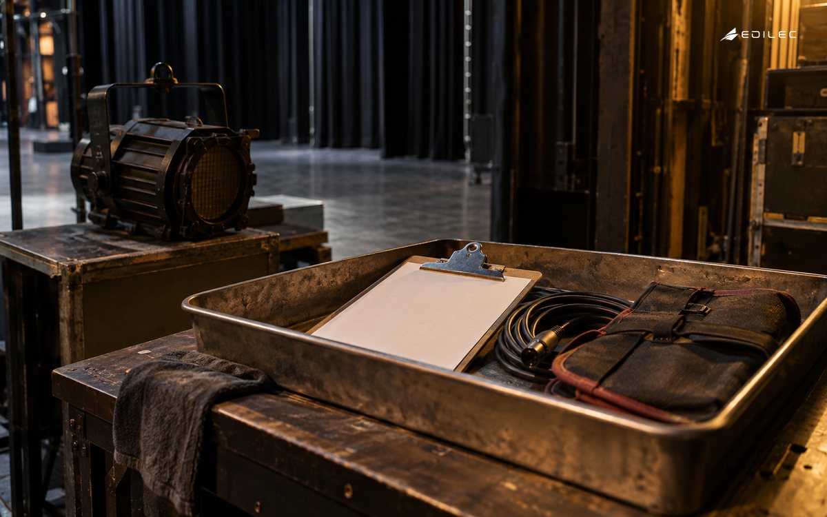Blank clipboard in a backstage work tray beside a cable, tool pouch and stage light.