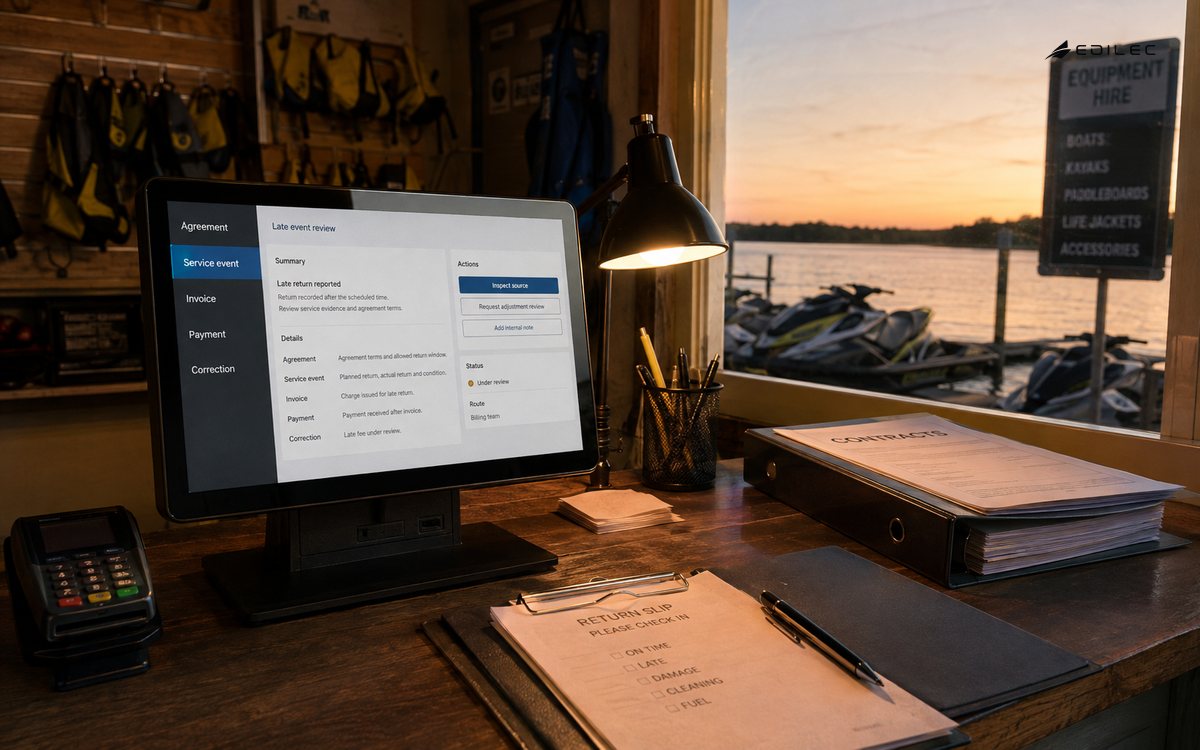 An equipment-hire office reviews a late service event along its billing evidence chain.