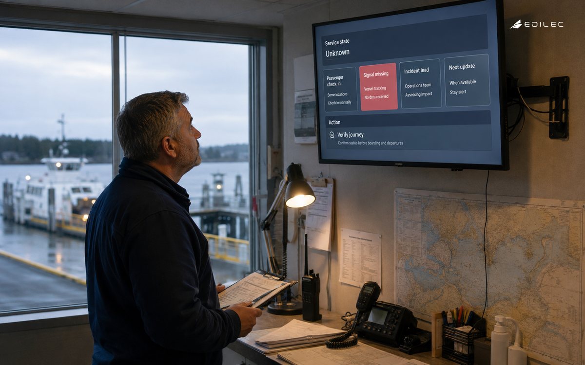 A ferry coordinator reviews an unknown service state beside the dock.