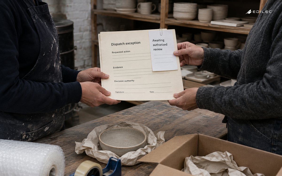 Standing staff hand off a dispatch-exception packet with evidence and decision authority visible.