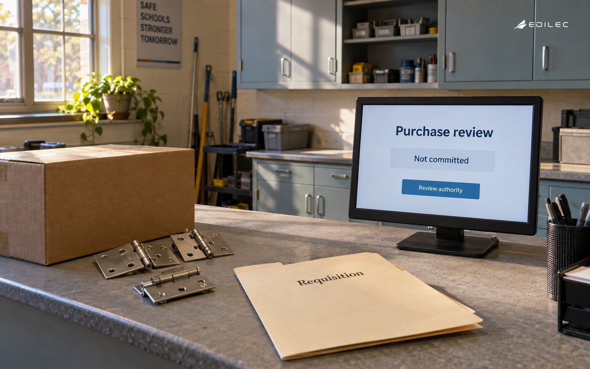 A maintenance purchasing room keeps a requisition in review before commitment.