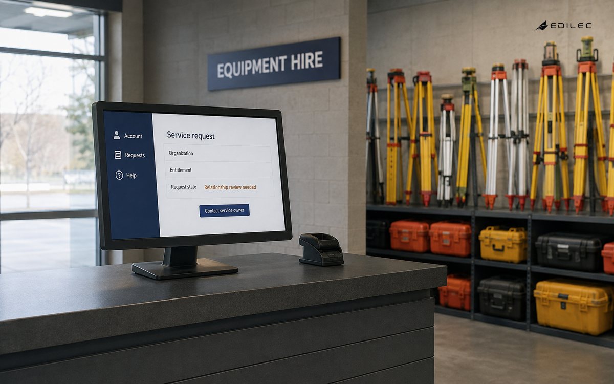 An equipment-hire portal pauses a service request for organization-relationship review.