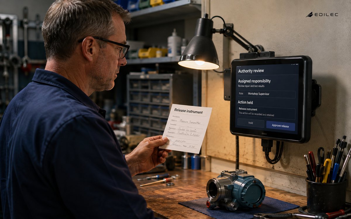 Side-on photograph of a standing workshop supervisor comparing a work authorization slip and a small mounted opaque terminal before releasing a repaired instrument.