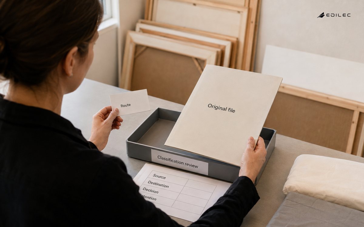 A registrar holds an original document for classification before routing it.
