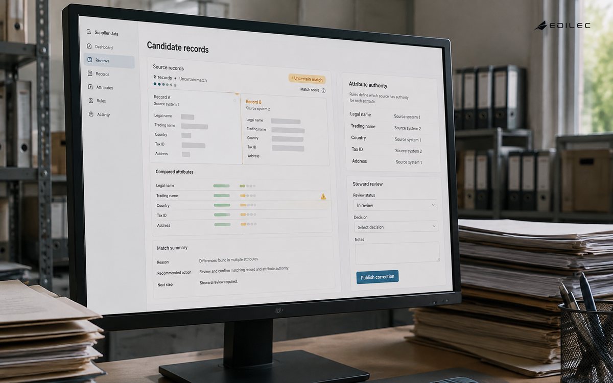 A master-data interface routes an uncertain record match to a steward.