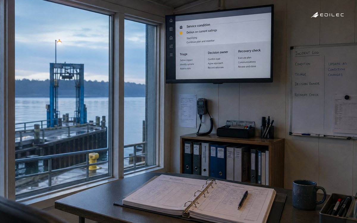 A ferry operations room presents a shared service condition and recovery-check record.