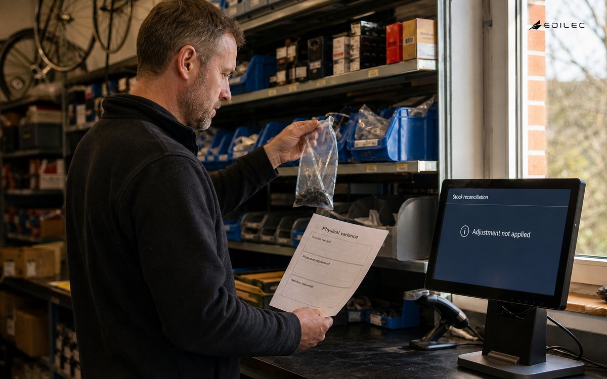 A stock worker compares a physical part with a variance review before applying an inventory adjustment.