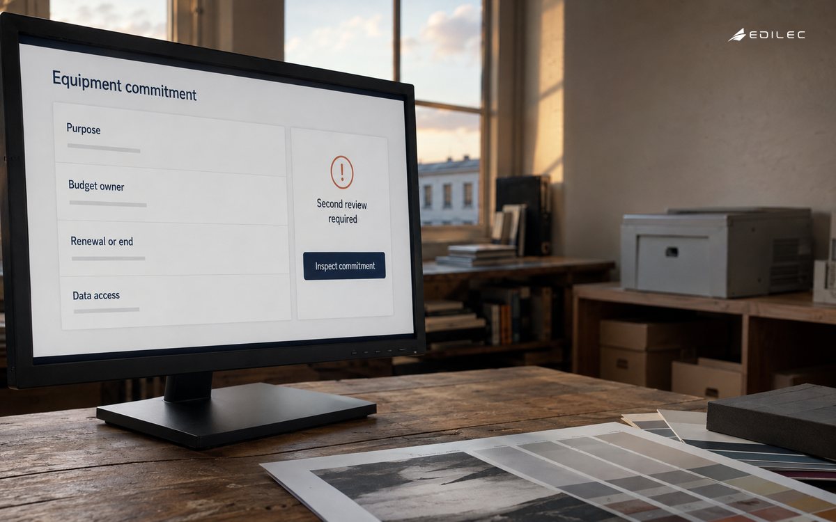 A publisher purchasing view holds an equipment commitment for second review.
