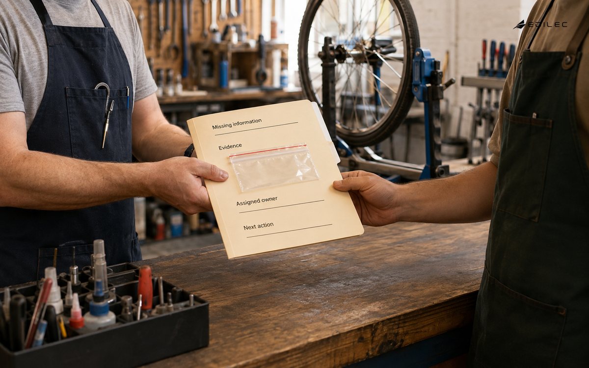 A repair-workshop coordinator hands over an exception folder and its evidence pouch.