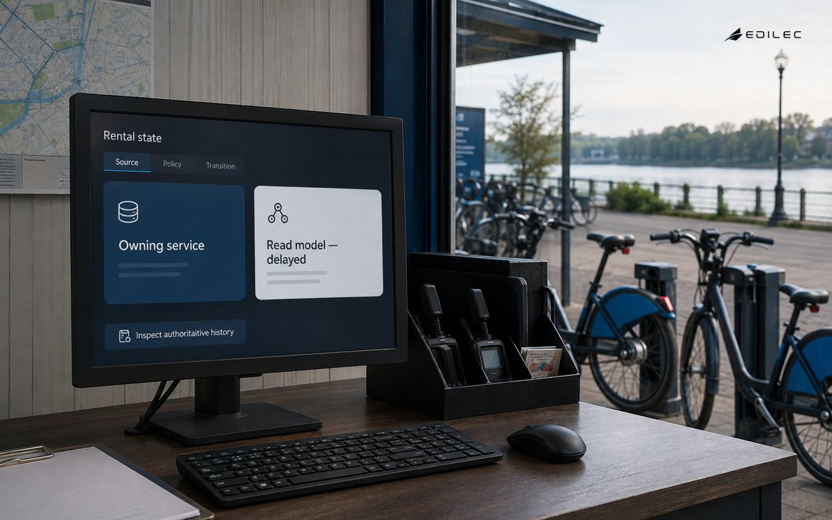 A bicycle-hire desk distinguishes the owning service from a delayed rental read model.
