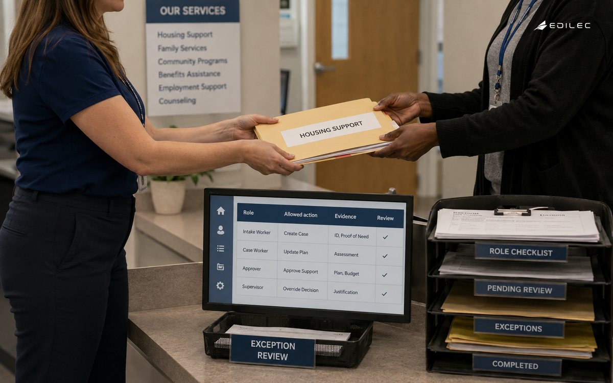 Waist-level candid photo of standing operations staff hands transferring a role-specific work folder at a community service reception, role checklist and exception tray visible, no screens or employee names.
