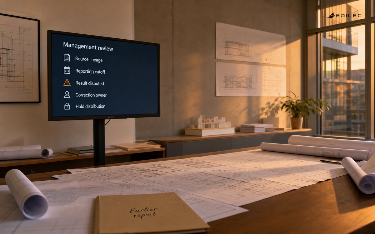 An architectural review room holds report distribution while a disputed result is traced to its source.