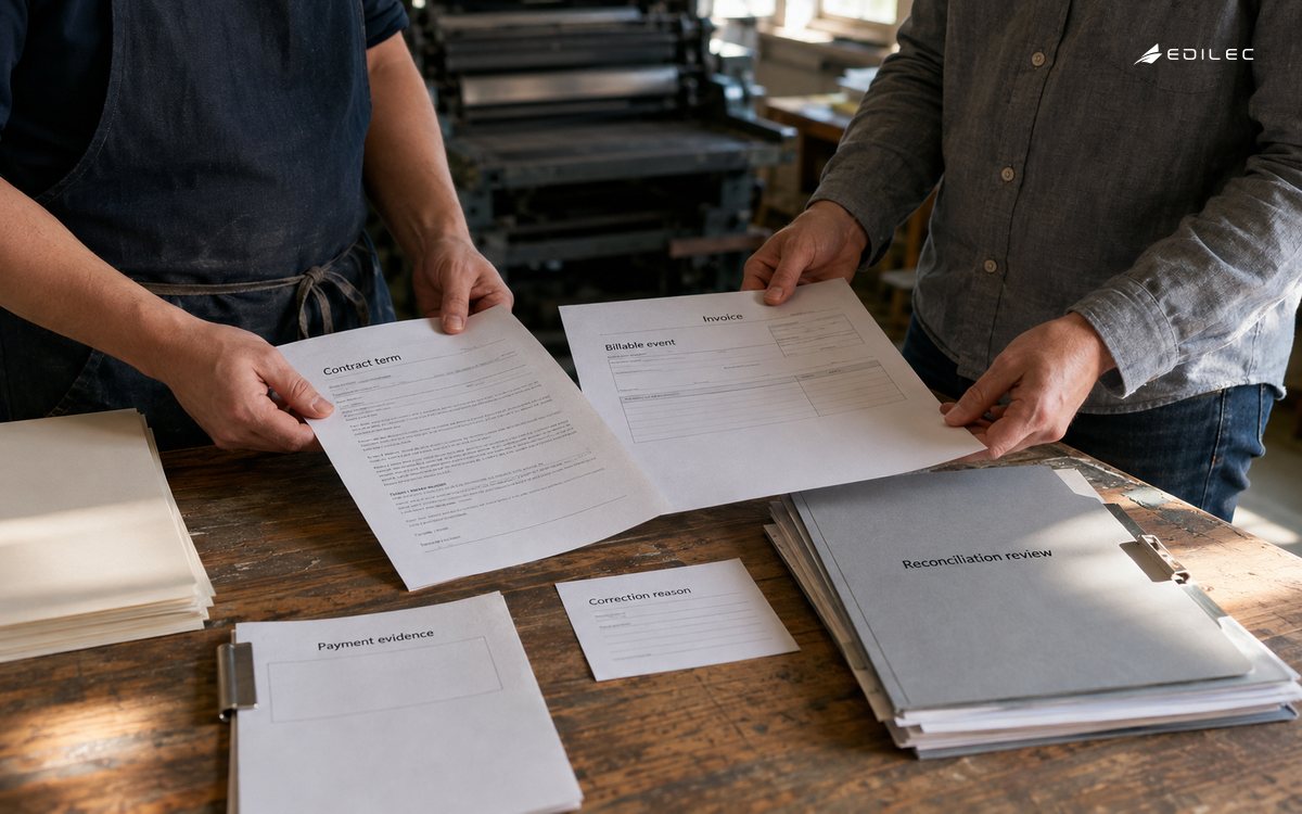 Colleagues compare contract and invoice evidence while keeping reconciliation and correction records separate.