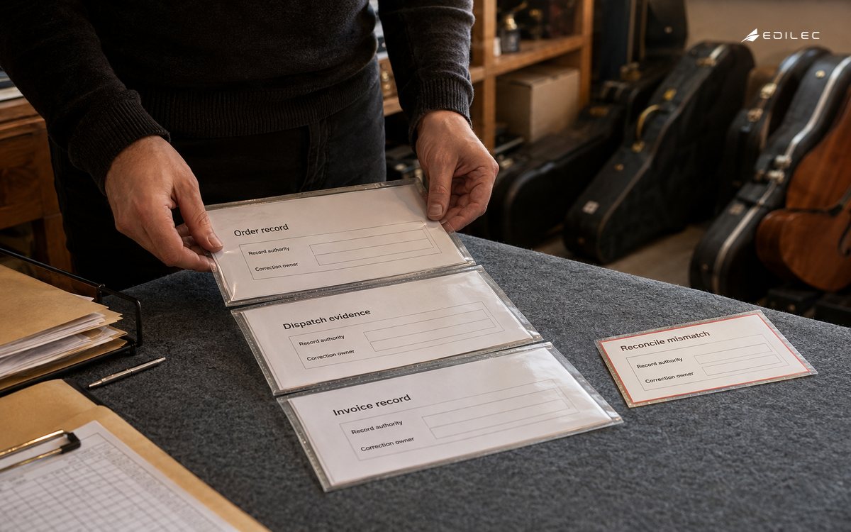 A coordinator aligns order, dispatch and invoice records around a reconciliation mismatch.