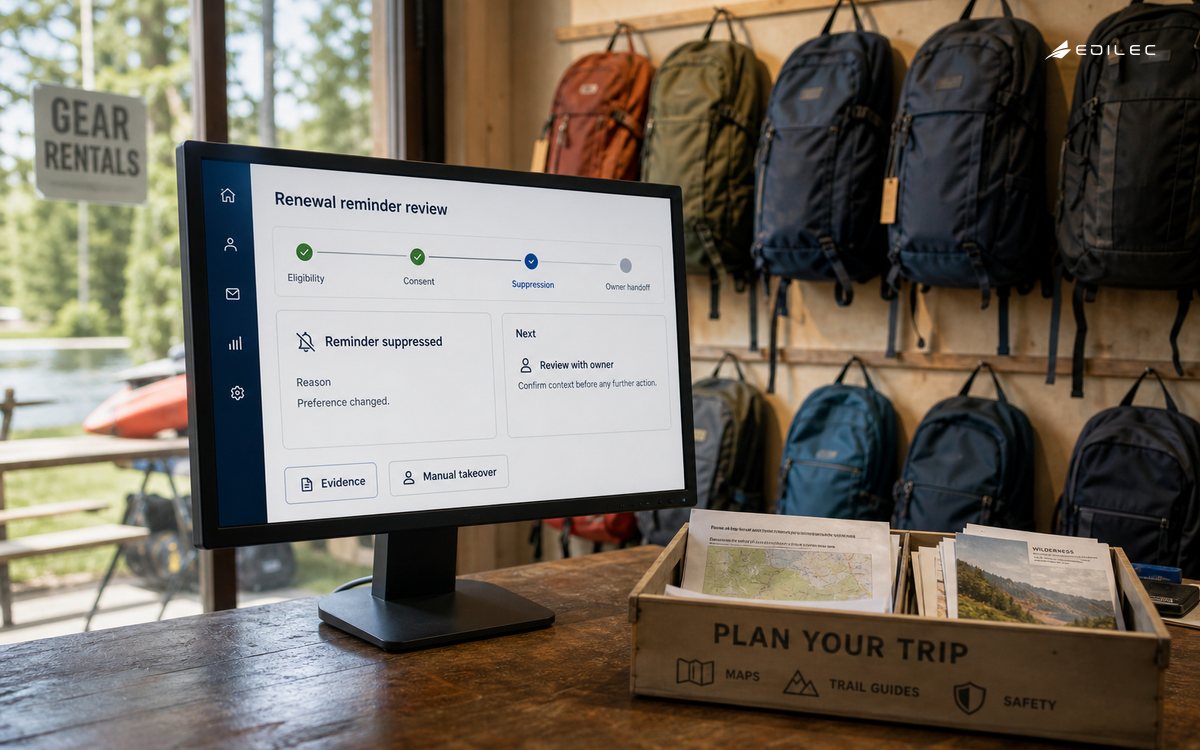 A rental-office workflow suppresses a renewal reminder after a preference change and routes it to an owner.