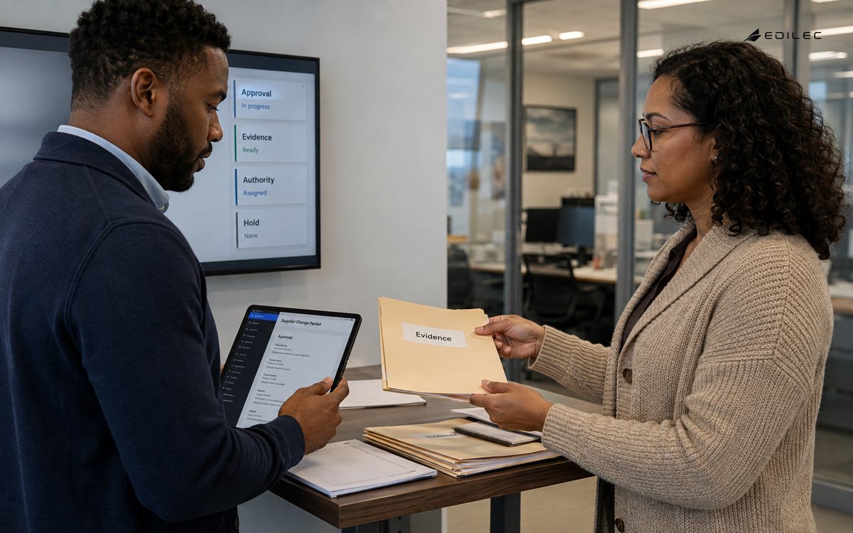 Editorial view of two standing colleagues reviewing a supplier change packet on a tall table in a procurement office; one passes the evidence folder while the other checks a supported tablet.